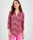 Фото #1 товара Women's 3/4 Sleeve Printed Pleated-Neck Top, Created for Macy's