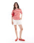 Object short sleeve knitted top in red and white stripe