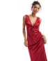 Фото #3 товара Miss Selfridge satin lace trim maxi dress in wine red