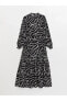 Fırfırlı Dik Yaka Çiçekli Uzun Kollu Kadın Elbise