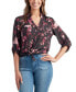 Juniors' Printed Collared Roll-Tab-Sleeve Top