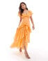 ASOS DESIGN flutter sleeve maxi dress with tiered skirt and lace trim in soft orange Оранжевый, 34 - фото #1