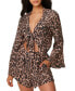 Bar Iii Womens Beach Cheetah Knot-Front Long-Sleeve Romper Cover-Up Multi Size L