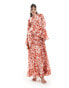 ASOS DESIGN long sleeve ruffle maxi in satin and chiffon mix in red animal print