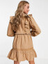 Miss Selfridge poplin victoriana lace insert mini dress in camel
