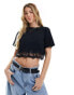 Miss Selfridge boxy short sleeve crop top with lace hem in black 34 - фото #2