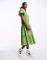 Фото #9 товара Monki tiered midi smock dress with puff sleeves in green check