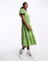 Monki tiered midi smock dress with puff sleeves in green check