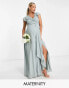 TFNC Maternity Bridesmaid flutter sleeve ruffle detail maxi dress in sage