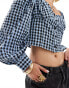 Фото #4 товара Monki long sleeve seersucker button front blouse in black and dark blue check gingham