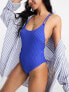 Фото #1 товара ASOS DESIGN rib lattice strap swimsuit with high leg in cobalt blue