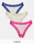 ASOS DESIGN 3 pack flocked spot mesh thongs in pink, blue & pale yellow