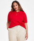 Фото #1 товара Plus Size Ribbed Short-Sleeve Polo Sweater