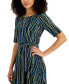 Фото #4 товара Petite Abstract-Print Belted Elbow-Sleeve Dress