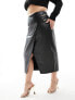 River Island Plus faux leather wrap skirt with gold trim in black