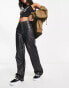 Фото #2 товара Only high waisted faux leather contrast stitch dad trousers in black