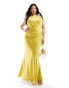 TFNC Bridesmaids Plus satin maxi dress with tie back and button detail in lime