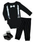 ფოტო #1 პროდუქტის Baby Boys Suspender Bodysuit, Pants and Socks, 3 Piece Set