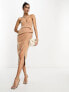 Фото #1 товара ASOS DESIGN cupped bandeau manipulated pleat midi pencil dress in caramel