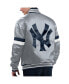 ფოტო #2 პროდუქტის Men's Gray Distressed New York Yankees Home Game Satin Full-Snap Varsity Jacket