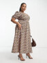 ASOS DESIGN Curve shirred waist midi tea dress with volume sleeve in ditsy print