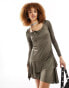 Monki scoop neck long sleeve mini dress with ruffle detail in khaki