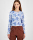 ფოტო #1 პროდუქტის Juniors' Floral-Print Cropped Lace Long Sleeve