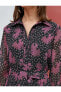 Şifon Midi Elbise Çiçekli Kuşaklı Düğmeli Gömlek Yaka