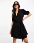 New Look collared tie waist mini shirt dress in black