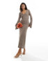 Pretty Lavish v-neck fine knit maxi dress in stone