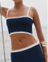 4th & Reckless x Luana Barron colette knit contrast strap beach top co-ord in navy