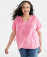 Фото #1 товара Plus Size Embroidered Split-Neck Puff-Sleeve Top, Created for Macy's