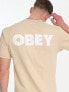 Obey – T-Shirt in Beige mit großem Logoaufdruck hinten