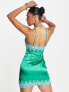 Missyempire contrast lace satin mini dress in green and turquoise blue