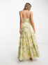 Фото #2 товара ASOS DESIGN knot front cut out maxi slip dress with raw edge tiers in yellow floral print