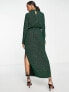 Y.A.S glitter ruched front midi dress with shoulder pads in green