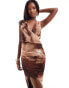 Фото #6 товара ASOS DESIGN plunge neck asymmetric draped mesh midi dress in brown abstract print