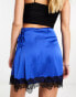 NaaNaa satin wrap mini skirt with lace trim in blue