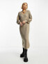 Object knitted v neck midi jumper dress with balloon sleeves in beige melange