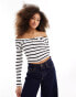 Pull&Bear off shoulder long sleeved top in black & white stripe