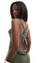 Фото #5 товара ASOS DESIGN slinky cowl neck cami maxi dress with gold trim back in khaki