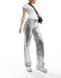 Bershka cracked faux leather straight leg trousers in gunmetal silver