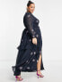 Фото #4 товара ASOS DESIGN Curve shirred waist button through midi tea dress with all over embroidery in charcoal and purple