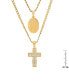 ფოტო #3 პროდუქტის Men's 2 Pieces 18k Gold Plated Stainless Steel and Simulated Diamonds Double Layered Cross and Our Lady of Guadalupe Pendant Set