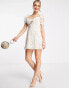 Love Triangle puff sleeve skater dress in white leaf lace