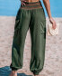 ფოტო #2 პროდუქტის Women's Olive Smocked Waist Patch Pocket Tapered Leg Pants