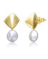 Sterling Silver 14k Yellow Gold Plated with White Coin Freshwater Pearl Drop Double Dangle Geometric Earrings