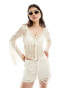 Miss Selfridge western lace flared sleeve button through blouse in cream Бежевый, 40 - фото #1