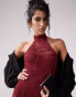 Фото #3 товара ASOS DESIGN halterneck panelled sheer lace maxi dress in burgundy