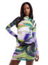 Фото #1 товара ASOS DESIGN long sleeve twist detail mini dress in purple swirl print